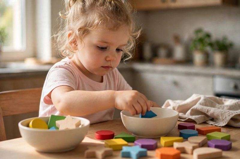 Preschooler sorting colorful wooden shapes into two white bowls