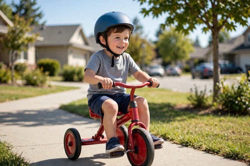 Happy 3-year-old boy riding a red tricycle with a blue helmet