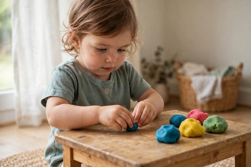 Young girl squishing and rolling bright playdough balls by hand