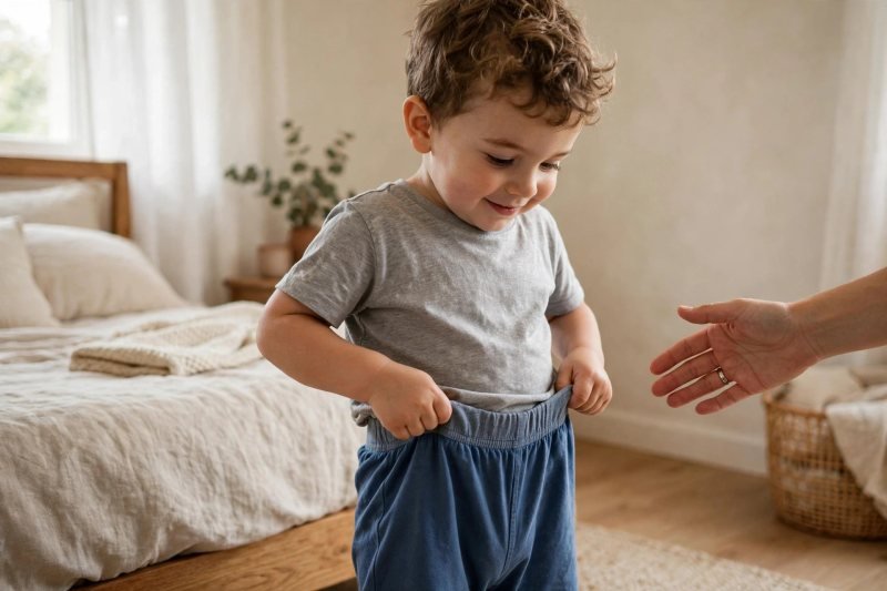 Little boy pulling up his own pants in a sunny bedroom