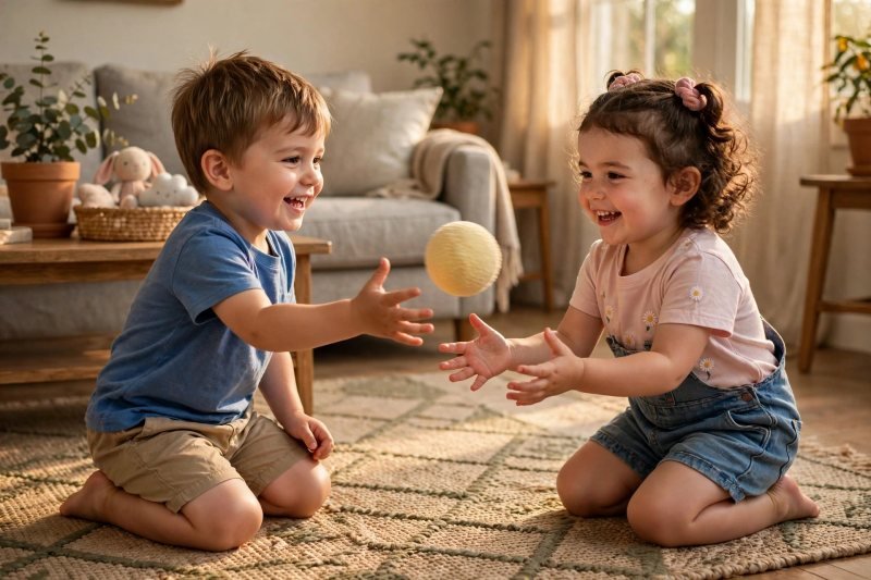 Two preschoolers tossing a soft ball to each other on a rug