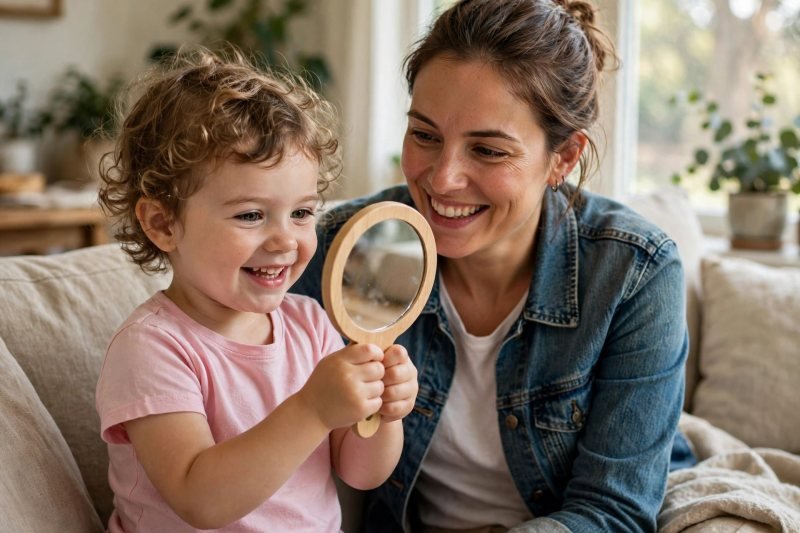 Girl making funny faces in a hand mirror beside her mom