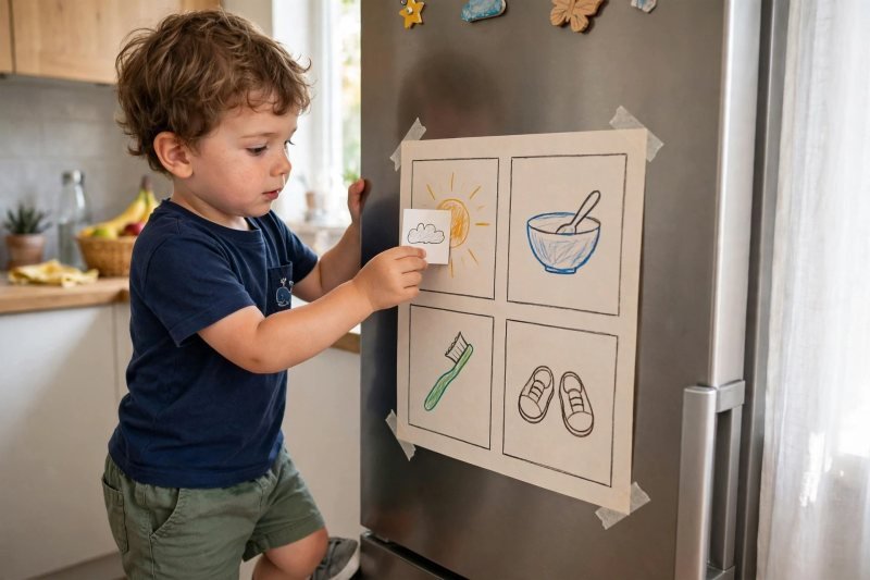 Boy placing a picture card on a wordless morning routine chart