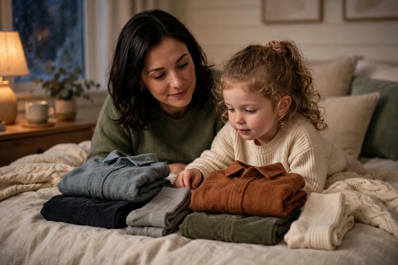 Mother and daughter laying out two winter outfits side by side on a bed