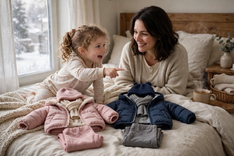 Preschool girl in pajamas pointing to choose one of two outfits on her bed