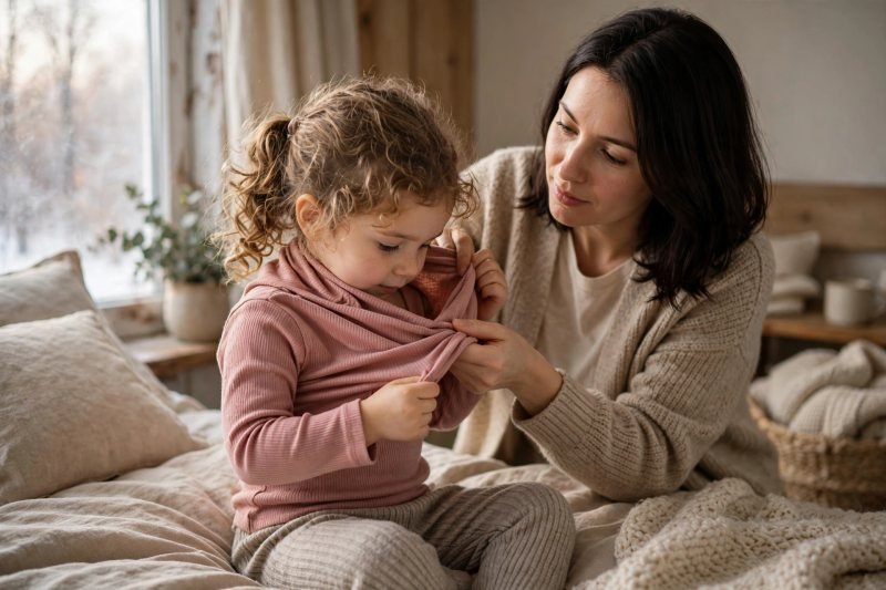 Little girl pulling a long-sleeve shirt over her head with her mother's help