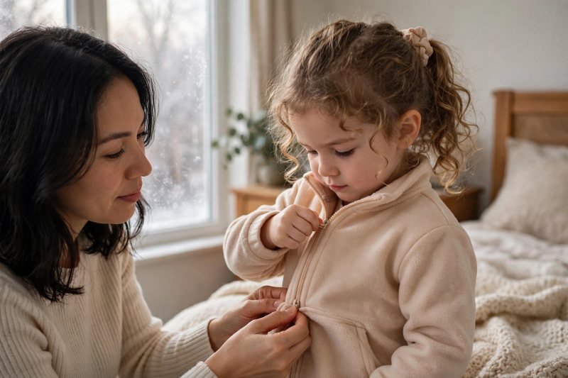 Preschooler zipping up her own fleece jacket while her mother watches proudly