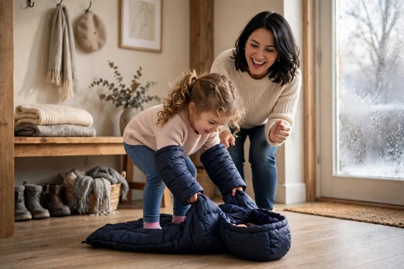 Child flipping a winter coat over her head using the coat-flip trick