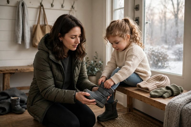 Preschool girl sitting on a bench pulling on a winter boot by the door