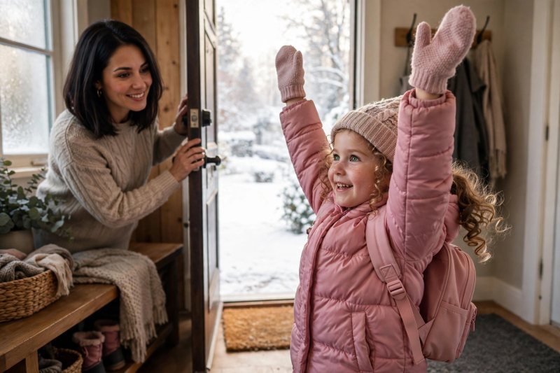 Fully dressed preschooler doing a wiggle test with arms raised at the front door