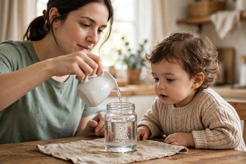 Mother pours water into a glass jar while her toddler watches at the kitchen table