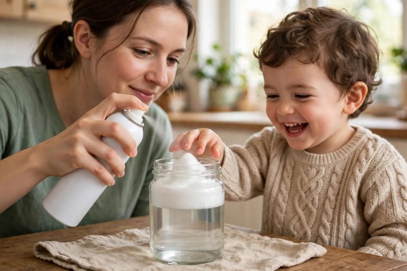 Mother sprays white foam onto the jar water as the toddler reaches to touch it