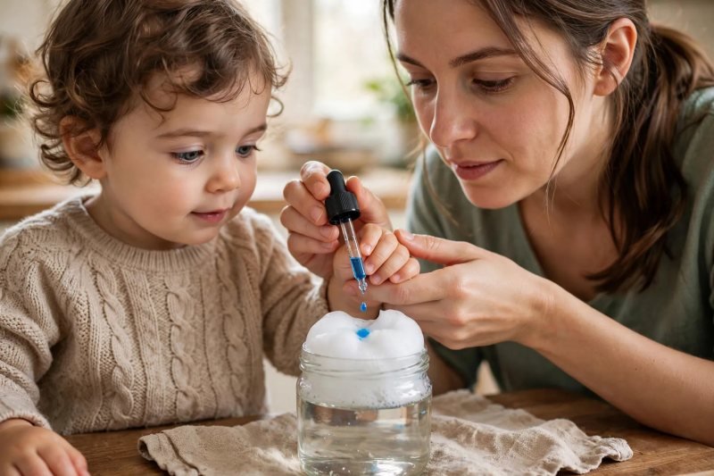 Mother guides the toddler's hand dripping blue color onto the foam cloud