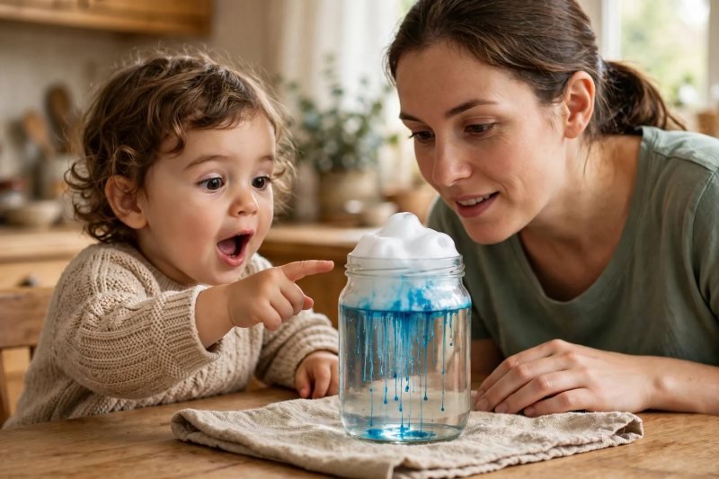 Toddler points in wonder at blue rain falling through water inside the jar
