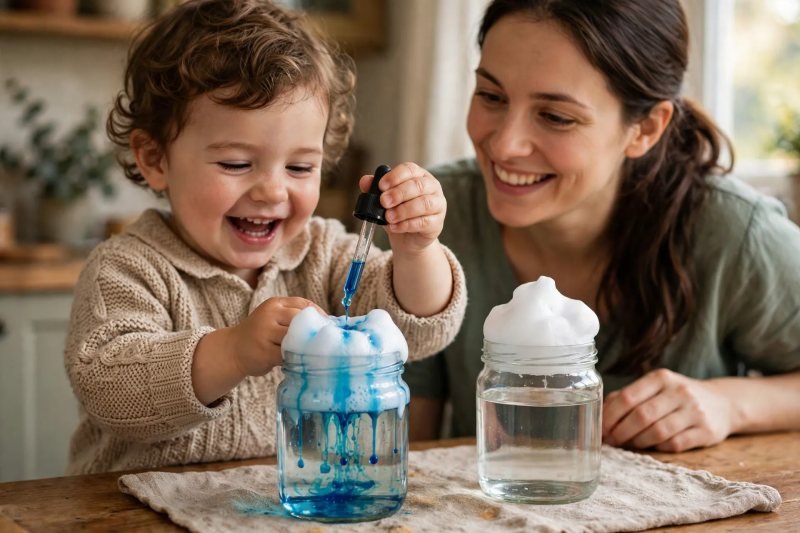 Toddler adds more blue drops as a fresh second jar waits for another round