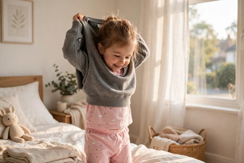Young girl in pyjamas pulling on her school jumper in a sunlit bedroom