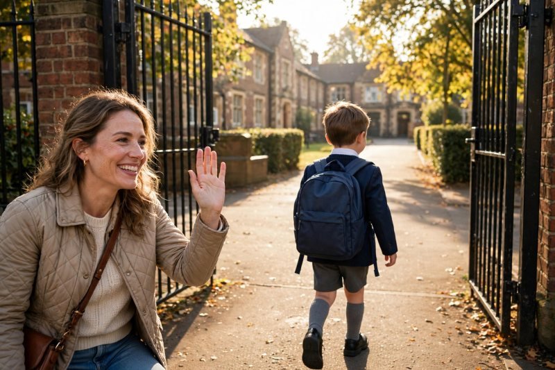 Mother waving goodbye as her son walks through the school gates