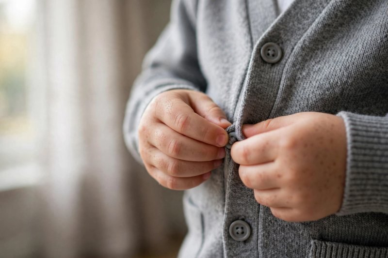 Close-up of a child's hands fastening buttons on a grey school cardigan