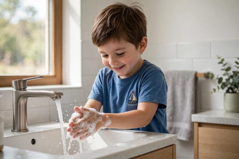 Five-year-old boy washing his soapy hands at a bathroom sink