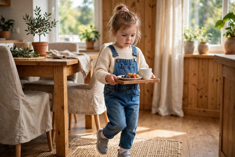 Four-year-old girl carefully carrying a tray with a plate and cup