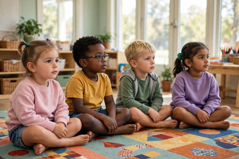 Reception-age children sitting cross-legged on a colourful classroom rug listening