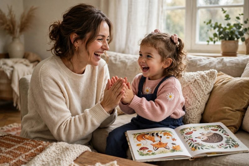 Mother and daughter laughing together playing a clapping rhyming game