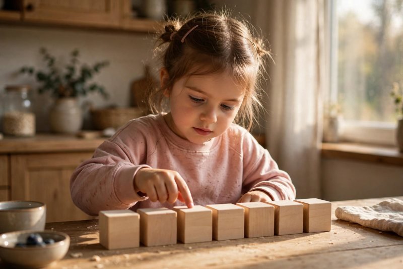 Five-year-old girl counting plain wooden blocks on a kitchen table
