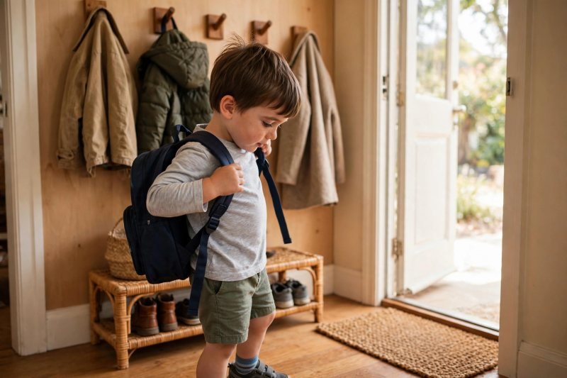 Four-year-old boy putting on his school book bag in the hallway