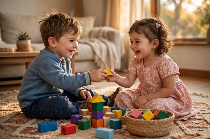 Two young children happily sharing colourful building blocks on a rug
