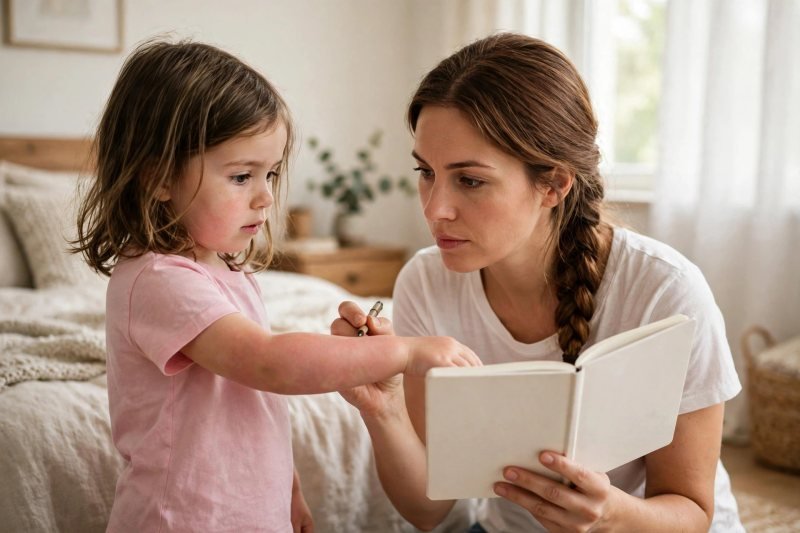 A girl shows her mother a mildly reddened forearm while mother holds a notebook.