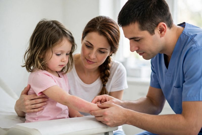 A pediatrician examines a girl's reddened forearm while her mother sits beside her.