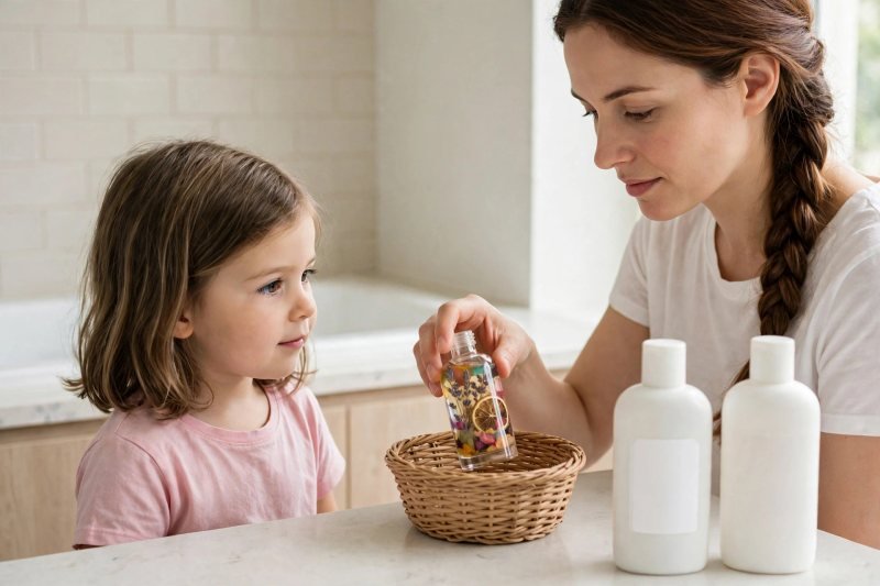A mother puts a scented bottle into a basket, leaving two plain bottles.