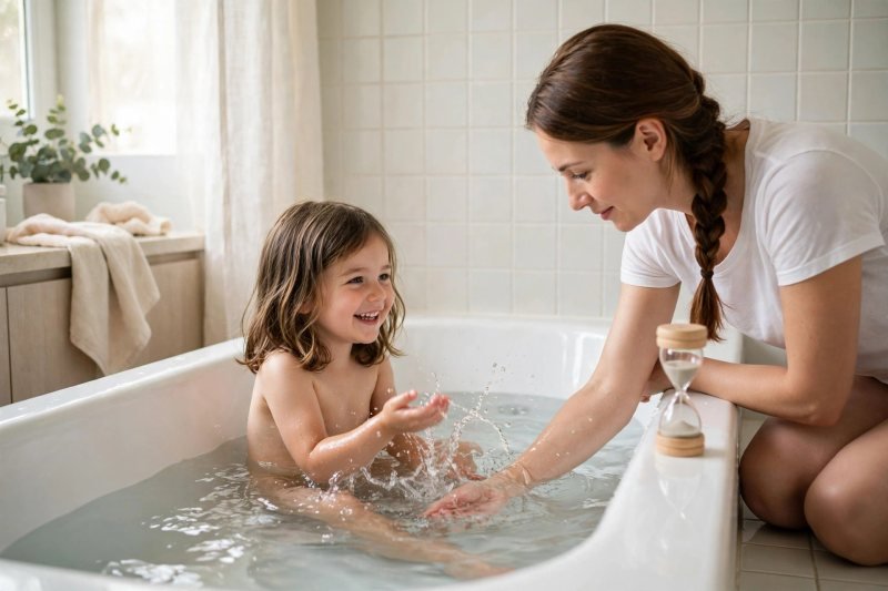 A mother tests bath water with her wrist while her daughter splashes happily.