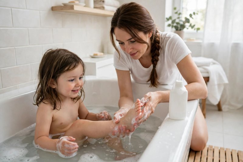 A mother gently washes her daughter's foot with bare hands and soft foam.