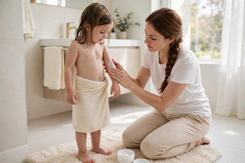 A mother smooths cream onto her towel-wrapped daughter's damp arm after the bath.