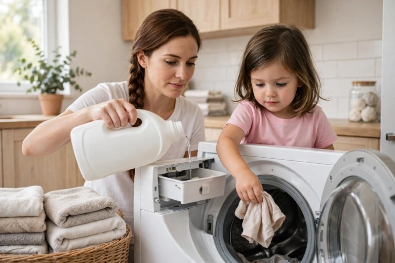 A mother pours detergent while her daughter loads a shirt into the washer.