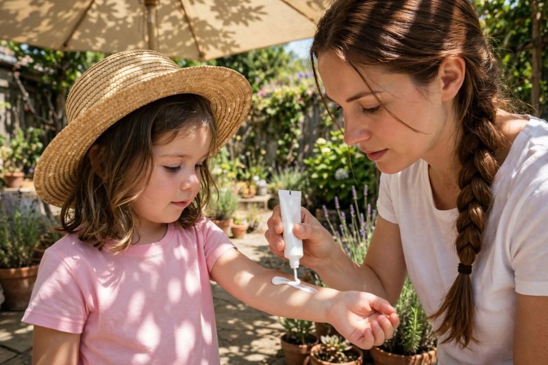 A mother squeezes white mineral sunscreen onto her daughter's forearm in sunny shade.