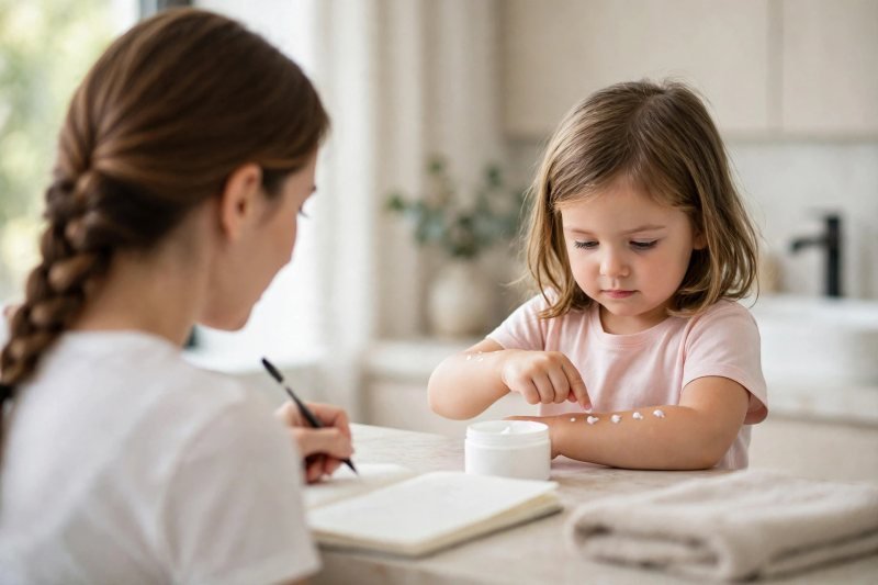 A girl dots cream on her own arm while her mother writes notes.