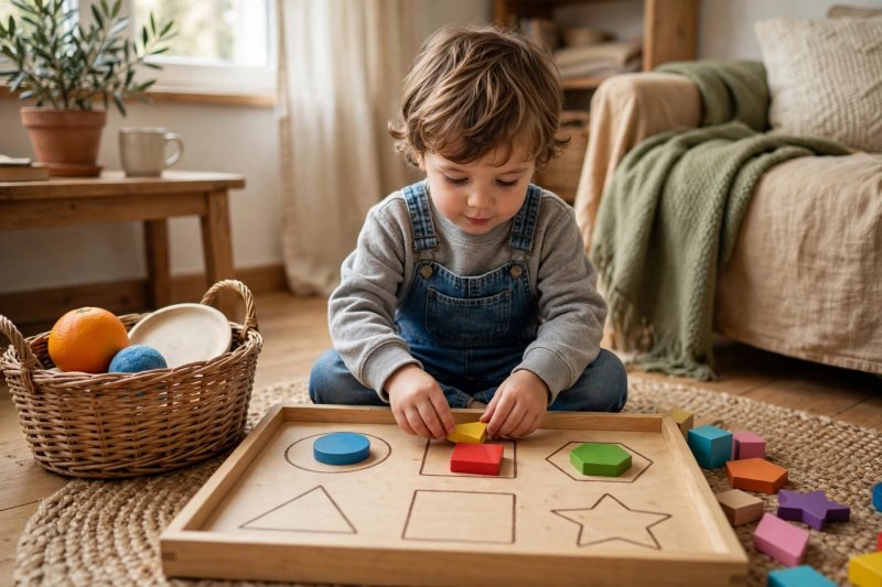 Preschooler sorting colorful wooden shapes into outline trays during a shape-hunt game at home.