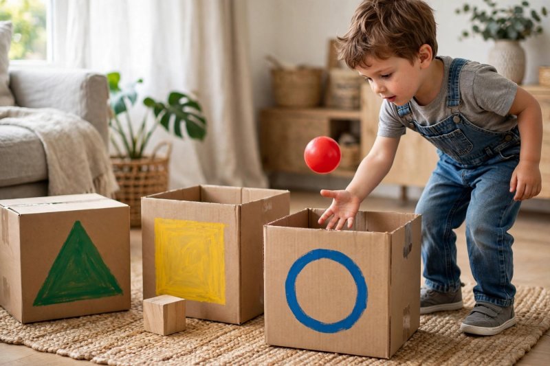Preschooler sorting toys into shape-icon boxes with a ball and cube beside.