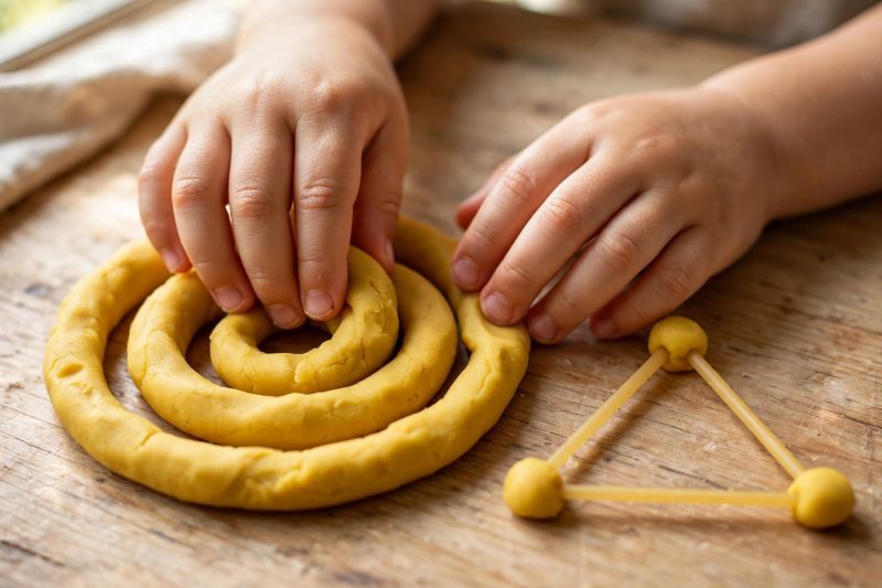 Child's hands coiling a playdough rope into a circle beside spaghetti-and-playdough triangles.