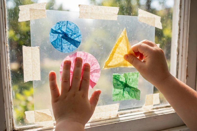 Preschooler pressing tissue-paper shapes onto sticky contact paper for a window suncatcher.