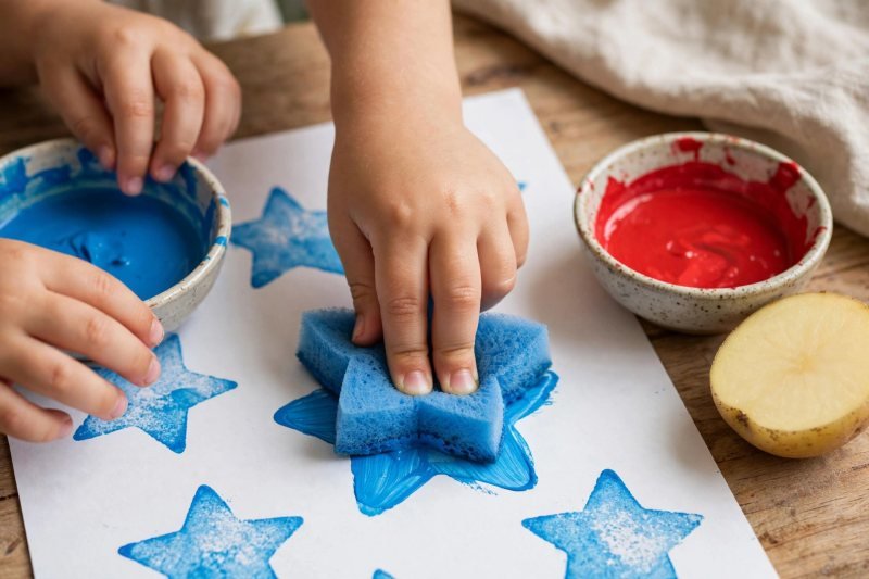 Small hands stamping blue star sponge prints across a sheet of white paper.