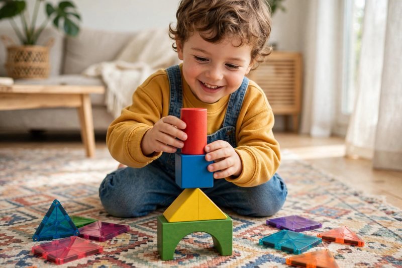 A 4-year-old stacking colorful wooden blocks and magnetic tiles into a tall tower.