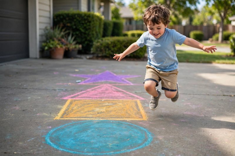Preschooler mid-hop on a chalk shape hopscotch drawn on a sunny driveway.