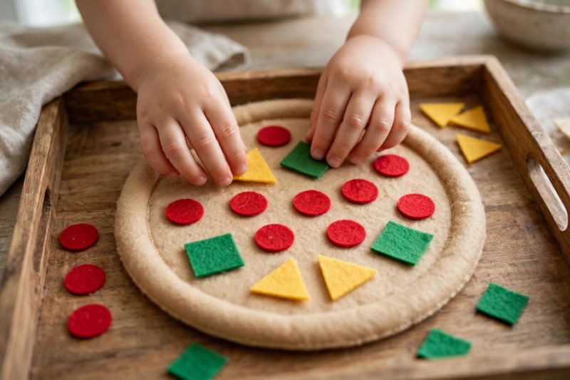 Child arranging felt shape toppings on a felt pizza in a playful cooking activity.