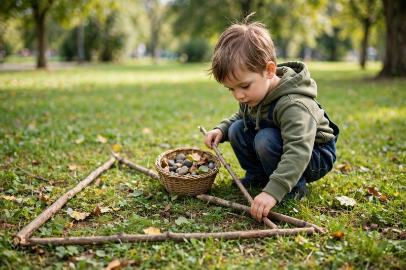 Preschooler building a triangle from sticks on grass during a nature shapes walk.