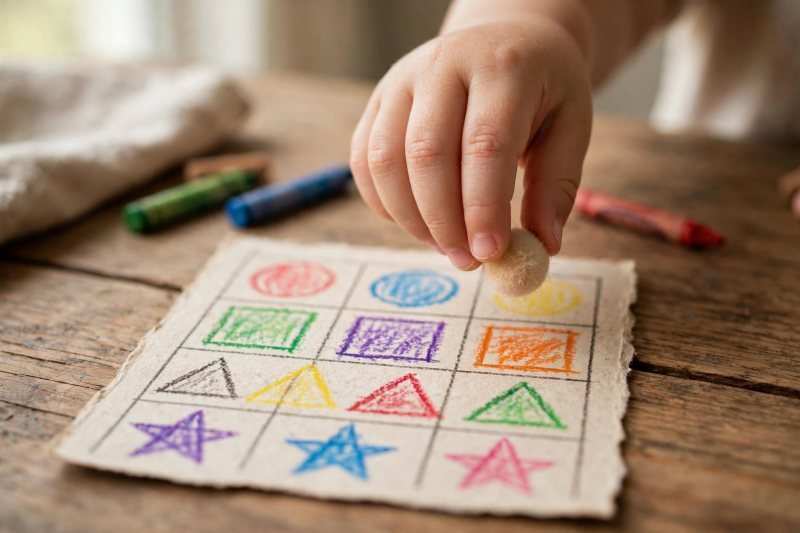 Child placing a wooden token on a handmade shape bingo card at a table.
