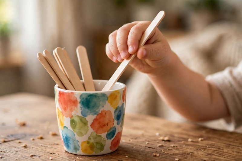 Child pulling a wooden stick from a cup during a word game