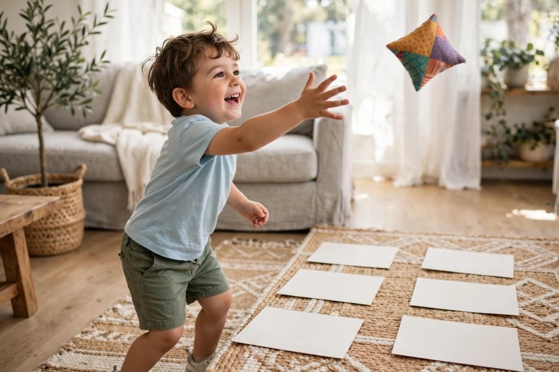 Beanbag mid-air above blank word cards on a rug